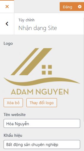 Cập nhật lại logo, tên website, khẩu hiệu và biểu tượng xong click vào nút 
